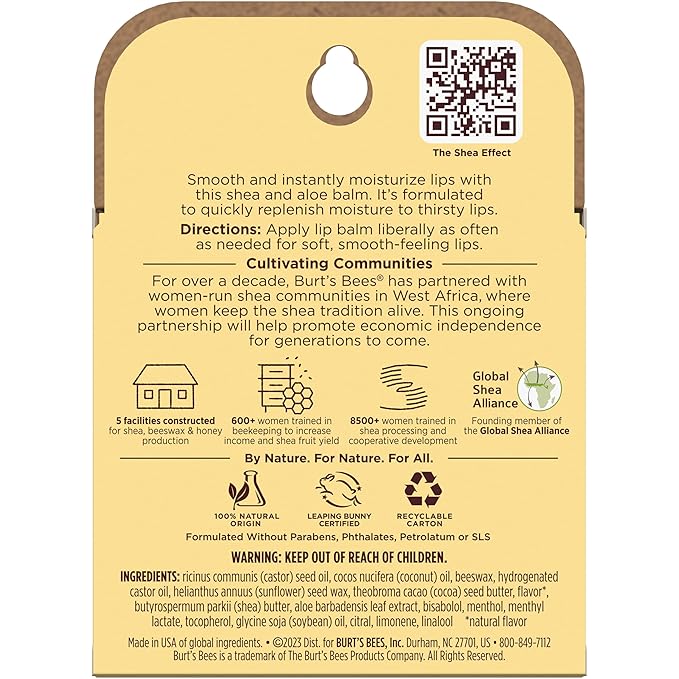 Burt's Bees Lip Balm Mothers Day Gifts for Mom - Shea and Aloe Lip Moisturizer With Responsibly Sourced Beeswax, Tint-Free, Natural Origin Conditioning Lip Treatment, 4 Tubes, 0.15 oz.-VivaGrace Women