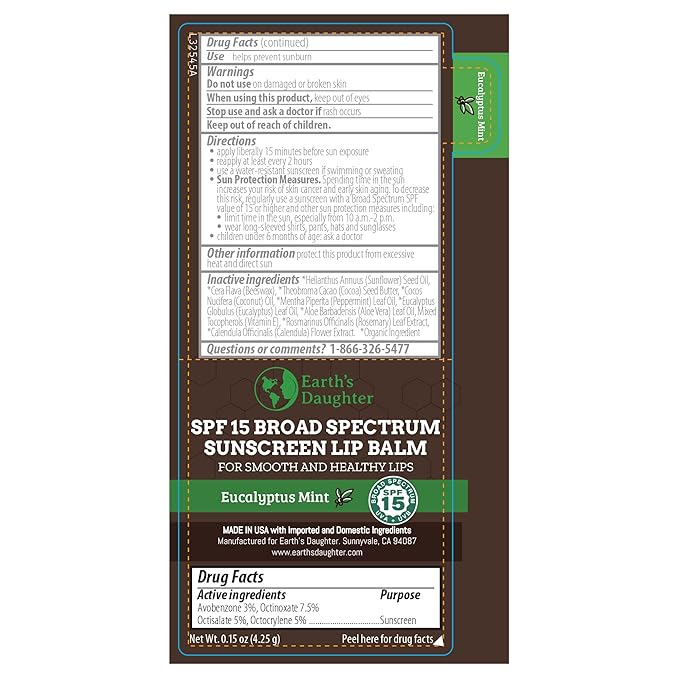 SPF Lip Balm 4-Pack by Earth's Daughter - Lip Sunscreen, SPF 15, Organic Ingredients, Eucalyptus Mint Flavor, Beeswax, Coconut Oil, Vitamin E - Hypoallergenic, Paraben Free, Gluten Free-VivaGrace Women