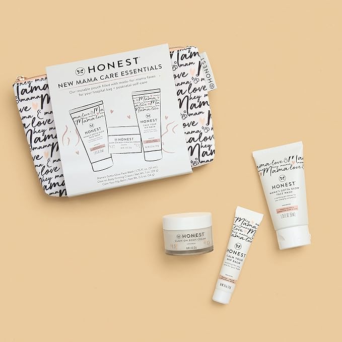 The Honest Company New Mama Care Essentials Gift Set | Hospital Bag Must Haves | Travel Size Nip Balm (0.5 oz), Glow On Body Cream (1 oz), Gotta Glow Face Wash (1.75 fl oz), Reusable Pouch-VivaGrace Women