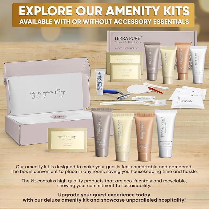 Terra Pure Spa Collection Amenity & Accessory Kit |1 oz Travel Size Shampoo, Conditioner, Lotion, Body Wash, 2 Soap Bars, Shave & Dental Sets, Make-Up Remover Wipes, & Vanity Kit | 15 sets/case-VivaGrace Women