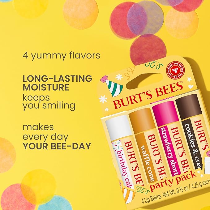Burt's Bees Lip Balm Party Pack - Birthday Cake, Waffle Cone, Strawberry Shortcake, and Cookies & Cream, All Day Moisturizer, Tint-Free, Natural Origin Conditioning Lip Treatment, 4 Tubes, 0.15 oz.-VivaGrace Women