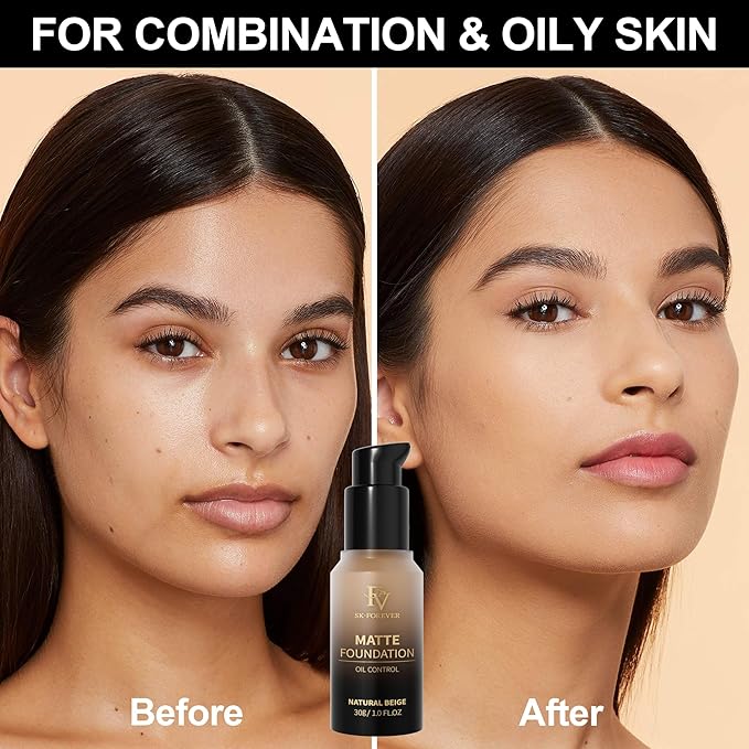 FV Full Coverage Liquid Foundation, Lightweight & Concealing, Long Lasting Matte Foundation Makeup with Flawless Finish, Oil Control Waterproof Foundation for Oily Skin (Natural Beige Matte)-VivaGrace Women