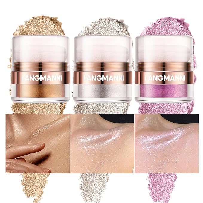Glitter Body Highlighter Powder Body Shimmer Sparkle Face Brightening Highlighter Powder for Face Eyes Body Glow Makeup With sponge head（ Golden）-VivaGrace Women