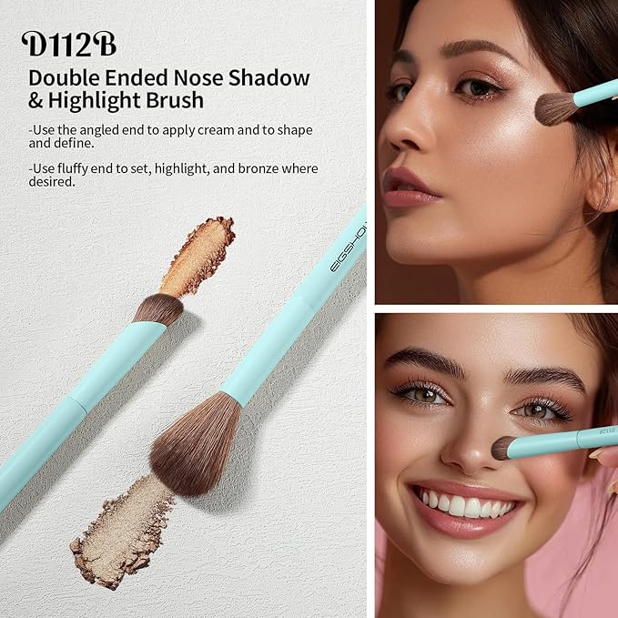 EIGSHOW Makeup Brush Set, 3Pcs Dual Ended Face Makeup Brushes for Foundation Powder Contour Highlight Concealer Nose Shadow, Travel Gift Set (Cyan)-VivaGrace Women