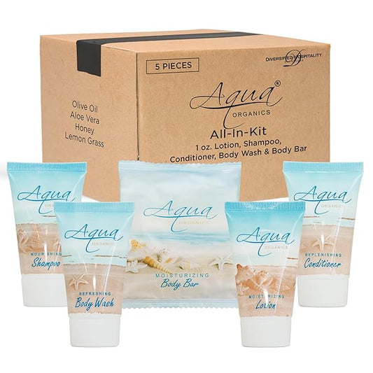 | Aqua Organics Hotel Soaps and Toiletries Bulk Set | Amenities for Hotels & Airbnb | 1oz Hotel Shampoo & Conditioner, Body Wash, Body Lotion & 1oz Bar Soap Travel Size | 5 Pieces-VivaGrace Women