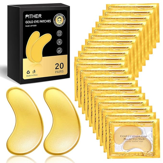 Under Eye Patches, Gold Eye Patches for Puffy Eyes and Dark Circles 24k Gold Under Eye Mask for Wrinkles Eye Bags for Women and Men Collagen Skincare Treatment (20pcs)-VivaGrace Women