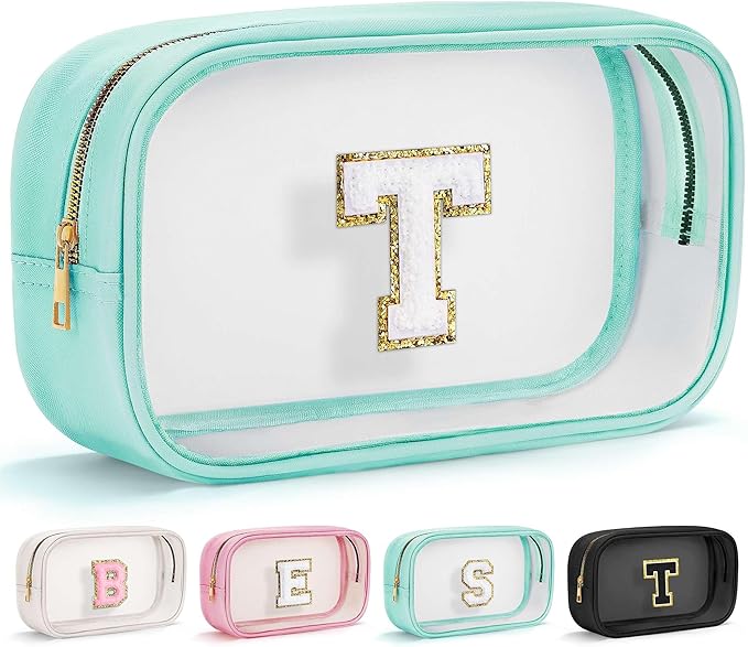 YOOLIFE Initial Make Up Bag Travel Toiletry Bag, Clear Makeup Bag Preppy Cosmetic Bags Organizer Travel Essentials Gifts for Women Teen Girlfriend Teacher Mom Birthday 12 Year Old Girl Gifts Blue T-VivaGrace Women
