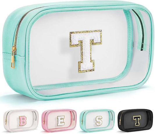 YOOLIFE Initial Make Up Bag Travel Toiletry Bag, Clear Makeup Bag Preppy Cosmetic Bags Organizer Travel Essentials Gifts for Women Teen Girlfriend Teacher Mom Birthday 12 Year Old Girl Gifts Blue T-VivaGrace Women
