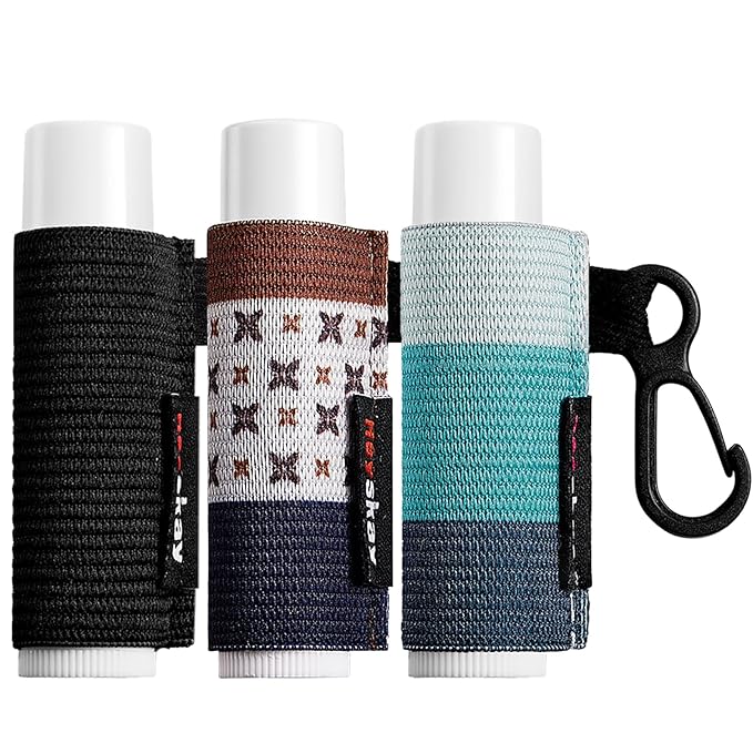 3PCS Lip Balm Holder Sleeves Chapstick Holder Keychain Lip Gloss Holder Keychain Elastic Sleeves (Black/light blue strip/dark blue strip)-VivaGrace Women