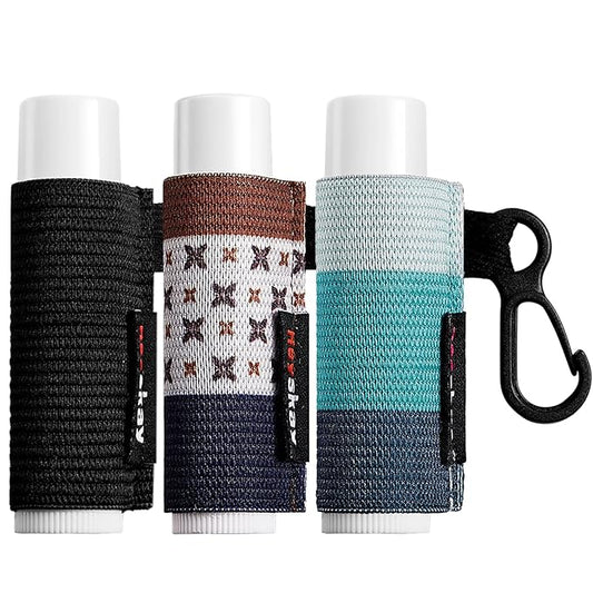 3PCS Lip Balm Holder Sleeves Chapstick Holder Keychain Lip Gloss Holder Keychain Elastic Sleeves (Black/light blue strip/dark blue strip)-VivaGrace Women