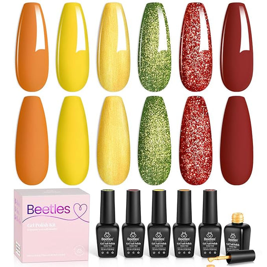 Beetles Fall Gel Nail Polish Set, 6Pcs Yellow Orange Burgundy Red Green Gel Polish Golden Glitter Nails Kit Autumn Realm Collection DIY Nail Art Gifts for Women-VivaGrace Women