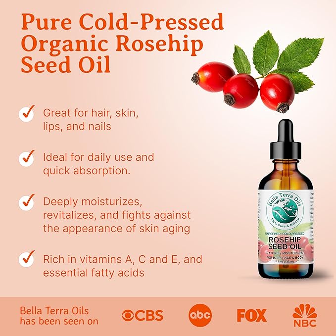 Bella Terra Oils - Organic Rosehip Facial Oil 8 oz - Dive into Organic Rosehip's Essential Fatty Acids & Antioxidants, Infused with Vitamin F, Elevate Daily Face Rituals-VivaGrace Women