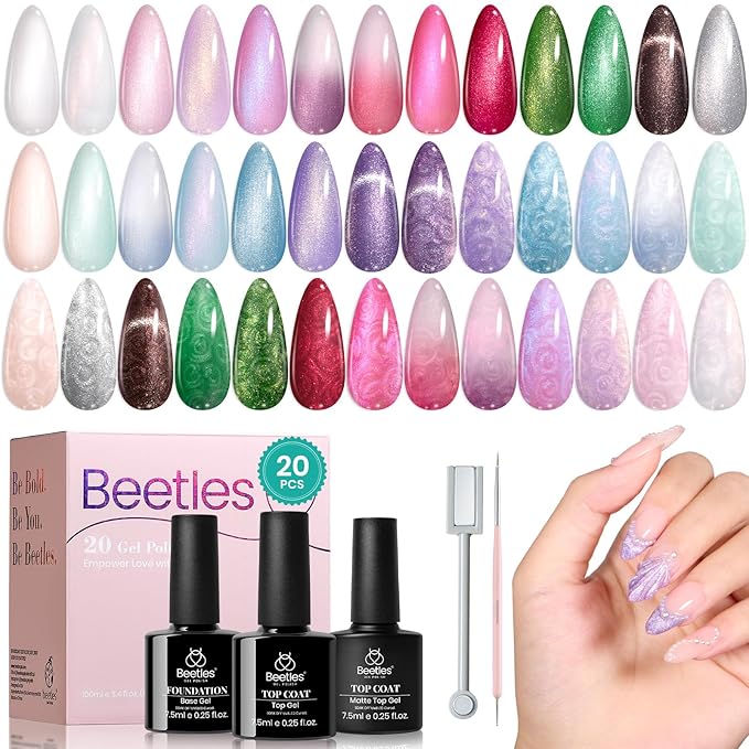 Beetles Pearl Gel Nail Polish Set - Ocean Treasures Gel Polish, 20 Colors Glitter Cat Eye Pink Red Mermaid Swirl Thread Effect Soak off Nail Gel for DIY Manicure Gift for Women-VivaGrace Women
