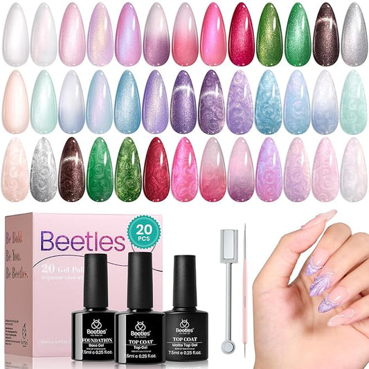 Beetles Pearl Gel Nail Polish Set - Ocean Treasures Gel Polish, 20 Colors Glitter Cat Eye Pink Red Mermaid Swirl Thread Effect Soak off Nail Gel for DIY Manicure Gift for Women-VivaGrace Women