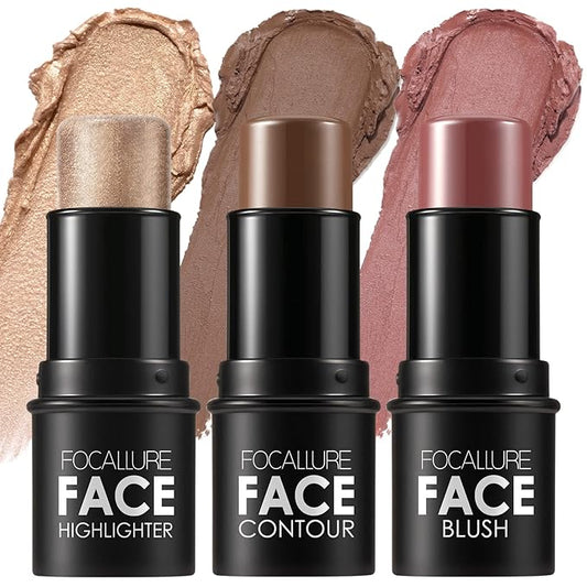 FOCALLURE 3 Pcs Cream Contour Sticks,Shades with Highlighter & Bronzer & Blush,Non-greasy Long-wear Face Contouring Pen,Easy to Sculpt the Face and Create a Lightweight Finishing Makeup,MEDIUM-DEEP-VivaGrace Women