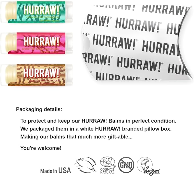 Hurraw! Pitta (Coconut, Mint, Lemon Grass), Kapha (Grapefruit, Ginger, Eucalyptus), Vata (Almond, Cardamon Rose) Lip Balms, 3 Pack Bundle: Organic, Certified Vegan, Cruelty, Gluten Free, 100% Natural-VivaGrace Women