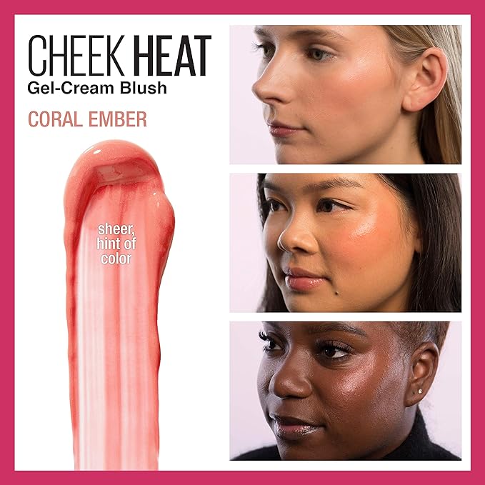 Maybelline New York Cheek Heat Gel-Cream Blush Makeup, Lightweight, Breathable Feel, Sheer Flush Of Color, Natural-Looking, Dewy Finish, Oil-Free, Coral Ember, 1 Count-VivaGrace Women