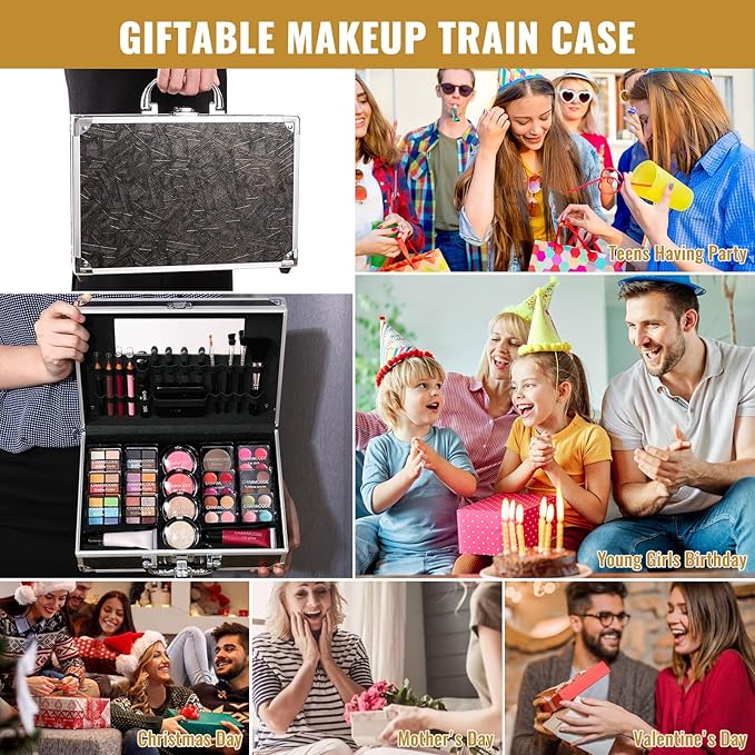 Makeup Kit for Teen Girls & Women Full Kit, Beauty Train Case with Starter Cosmetics Set, Make Up Valentine's Day Gift Box with Eyeshadow,Lipgloss,Highlight,Blush,Lip&Eye Pen,Brush & More(GoldenBrown)-VivaGrace Women