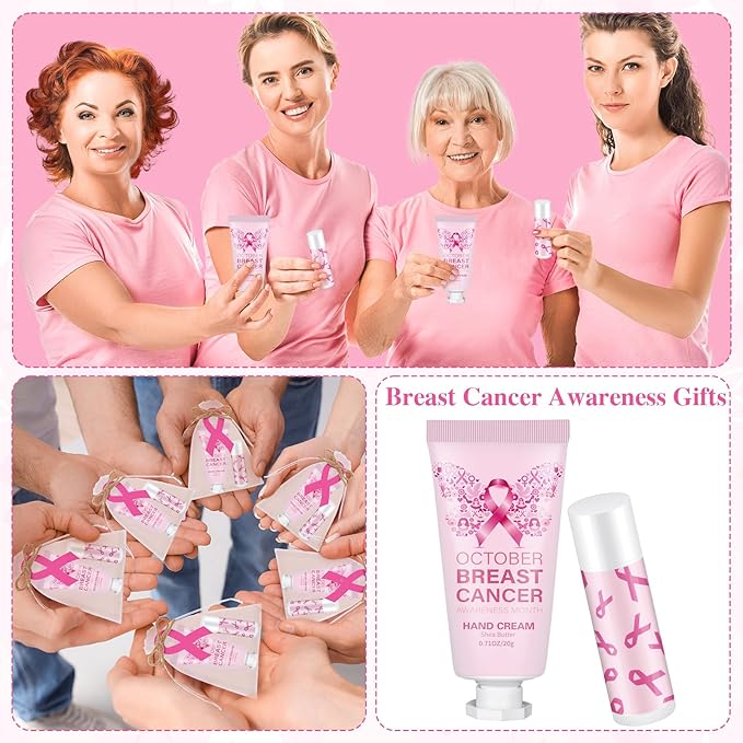 50 Set Breast Cancer Awareness Gifts Bulk Woman Pink Ribbon Lip Balm Hand Cream Include 50 Lip Balm 50 Hand Cream 50 Bag 50 Tag Breast Cancer Awareness Month Items Survivors Offices-VivaGrace Women