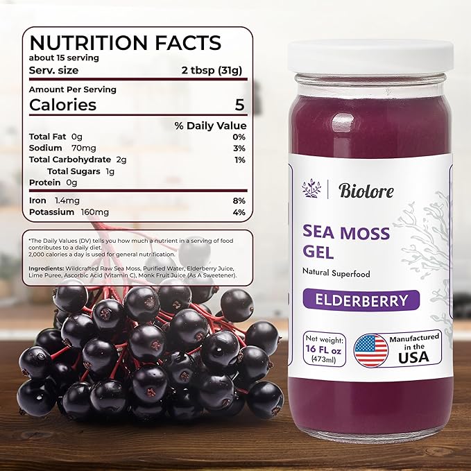 Biolore Sea Moss Gel - Elderberry 16oz, Wildcrafted Irish Seamoss with Essential Vitamins & Trace Minerals, Vegan Superfood Made in USA-VivaGrace Women