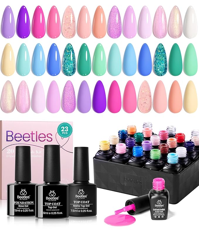 Beetles Purple Gel Nail Polish Set - 20 Colors Hot Pink Purple Shimmer Green Unicorn Bright Glitter Manicure Macaron Collection Pastel Gel Polish Kit with Base Matte Glossy Top Coat-VivaGrace Women