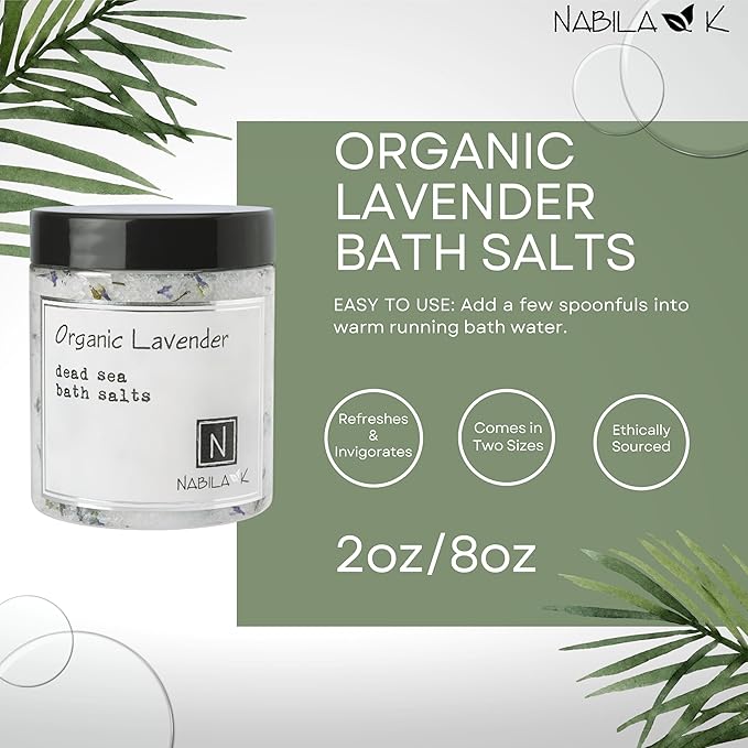 Organic Lavender Bath Salts by Nabila K - Dead Sea Salt & Epsom Salt Scrub & Soak - Exfoliates & Hydrates Skin, Botanical Essential Oils - Bubble Bath Accessories for All Skins Types, 8 oz-VivaGrace Women