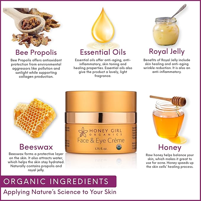 Honey Girl Organics Face & Eye Crème, USDA Certified Organic Facial Moisturizer & Under Eye Cream for Wrinkles, Dark Circles and Puffiness w/Hydrating Honey, Beeswax, Essential Oils & EVOO. 1.75oz-VivaGrace Women