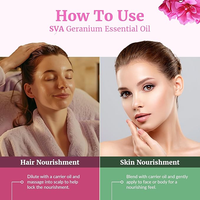 SVA Geranium Essential Oil Organic – 1 Fl Oz – 100% Natural Organic Geranium Oil - for Diffuser, Hair Care, Face, Skin Care, Aromatherapy, Scalp and Body Massage, Soap and Candle making – with Dropper-VivaGrace Women