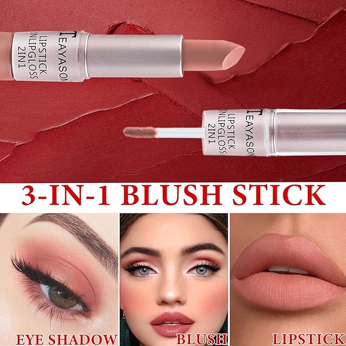 Cream Blush Stick,Blush Stick for Cheeks with Contour Brush,3-in-1 Long Lasting Waterproof Blush&Eye Shadow&Lip Gloss for All Skin Types（02 Rose Pink）-VivaGrace Women
