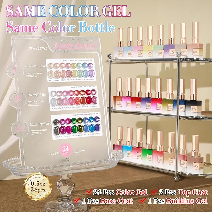 Double Rhythm 28Pcs 0.5Oz Glass Cat Eye Gel Nail Polish Set Same Color Same Bottle Soak Off Magnetic Jelly Gel Polish Kit Nail Art Manicure Salon DIY at Home (Nude Pink Blue Green-T24-10)-VivaGrace Women