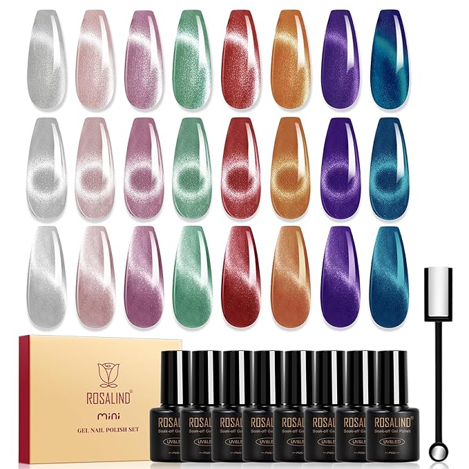 ROSALIND 8PCS Cat Eye Gel Polish with Magnet Stick - Magnetic Cat eye Gel Nail Polish Sparkle Diamond Effect Magic Magnetic Glitter Soak Off Led Nail Art DIY Salon Gifts For Women-VivaGrace Women