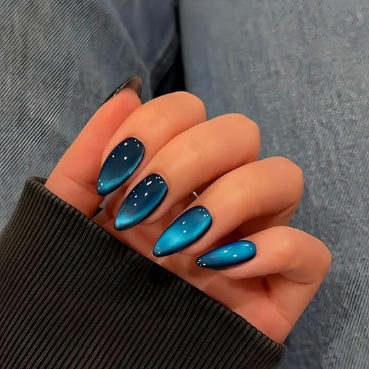 KQueenest Cat Eye Press on Nails Almond Shape, Glitter Dark Blue Fake Nails Medium Short, Sparkly Nails Press on, Shiny Acrylic Nails, Cute Bling Black Glue on Nails Stick on Nails for Women, 30 Pcs