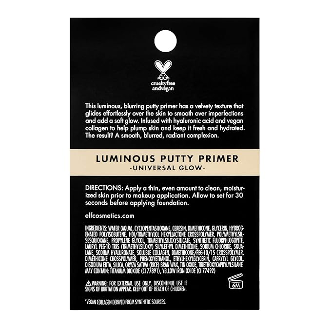e.l.f. Luminous Putty Primer, Skin Perfecting, Lightweight, Silky, Long Lasting, Hydrates, Creates a Smooth Base, Illuminates, Plumps, Infused with hyaluronic acid and vegan collagen, 0.74 Oz-VivaGrace Women