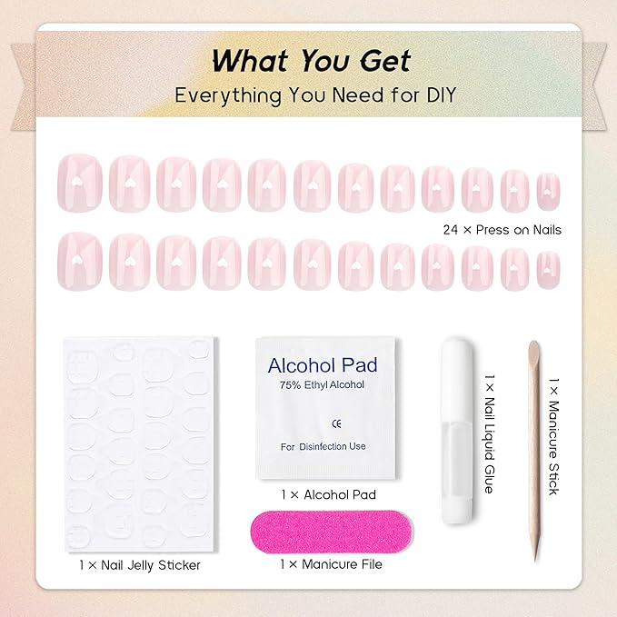 Press On Nails Squoval - Pink & White Heart Fake Nails Short Full Cover Acrylic Glue on Nails in 12 Sizes - 24 Piece Nail Kit，Natural Fit for Women & Girls Daily Wear