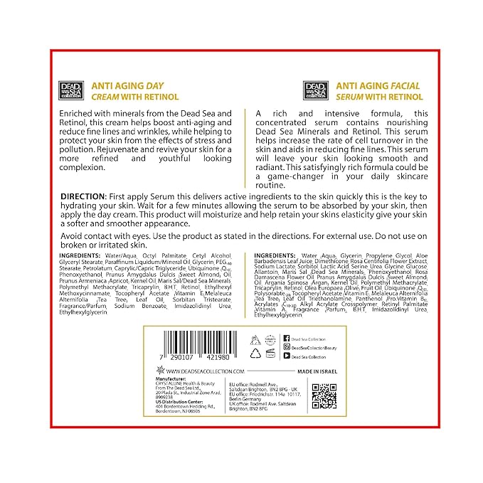 Dead Sea Collection Facial Kit Retinol - Day Cream (1.69fl.oz/50ml jar) & Facial Serum (1.69fl.oz/50ml bottle) - Pure Dead Sea Minerals - Anti-Wrinkle Hydration Smooth and Moisturized Skin-VivaGrace Women