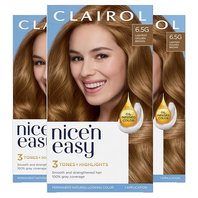 Clairol Nice'n Easy Permanent Hair Dye, 6.5G Lightest Golden Brown Hair Color, Pack of 3-VivaGrace Women