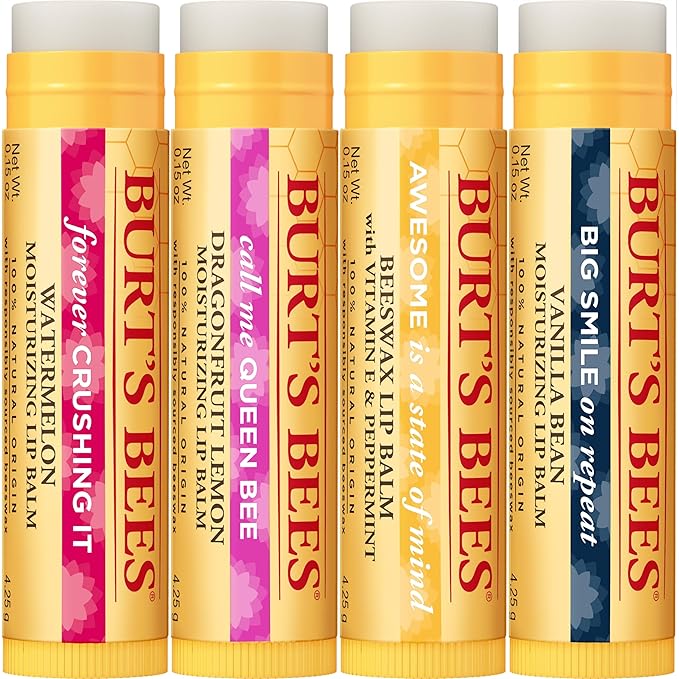 Burt's Bees Lip Balm, Moisturizing Lip Care, 100% Natural, Discover U - Original Beeswax, Watermelon, Dragonfruit Lemon & Vanilla (4 Pack)-VivaGrace Women