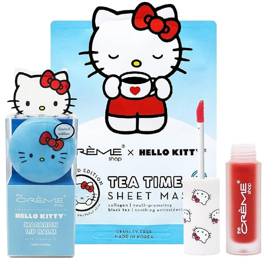Beauty Bundle The Creme Shop X Hello Kitty Macaron Lip Balm For Cracked/Dry Lips, Hello Kitty Kawaii Kiss Lip Oil Tinted Apple & K-Beauty Tea Time Face Mask; Plumping & Youthful-VivaGrace Women