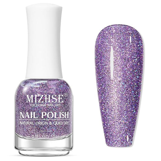MIZHSE Air Drying Fast Nail Polish, Glitter Purple Nail Polish Non Gel Quick Dry, 15ml/0.5 fl oz Regular Sparkle Shimmery Oil-based Lacquer Full Coverage Nail Art Manicure DIY Home