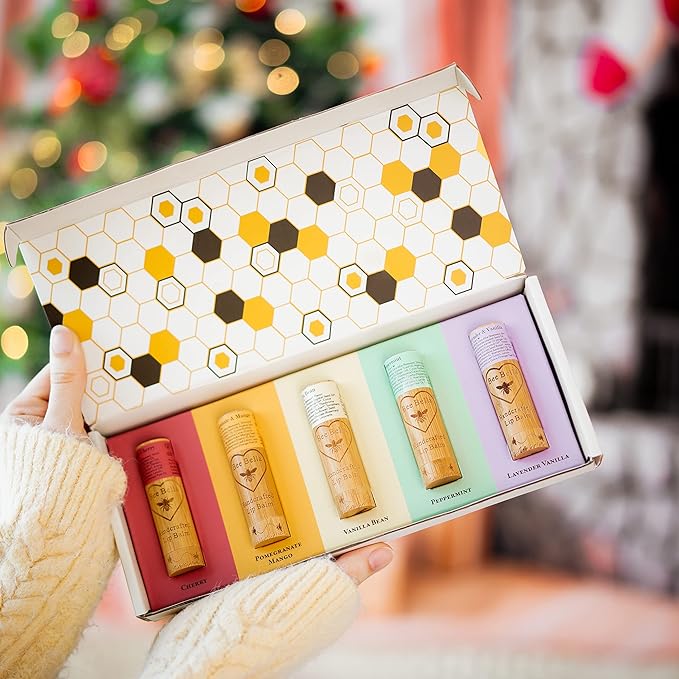 Bee Bella Lip Balm Variety Pack Gift Set, Cherry, Pomegranate Mango, Vanilla Bean, Peppermint, & Lavender Vanilla, 5 Pack - Hydrating, Moisturizing, Natural, Organic Beeswax, Vitamin E, Made in USA-VivaGrace Women