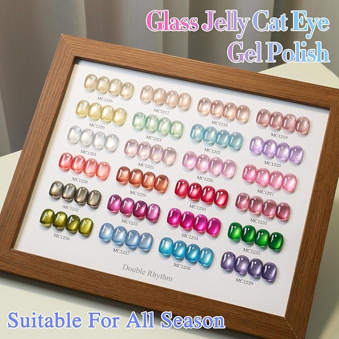 Double Rhythm 28Pcs 0.5Oz Glass Cat Eye Gel Nail Polish Set Same Color Same Bottle Soak Off Magnetic Jelly Gel Polish Kit Nail Art Manicure Salon DIY at Home (Nude Pink Blue Green-T24-10)-VivaGrace Women