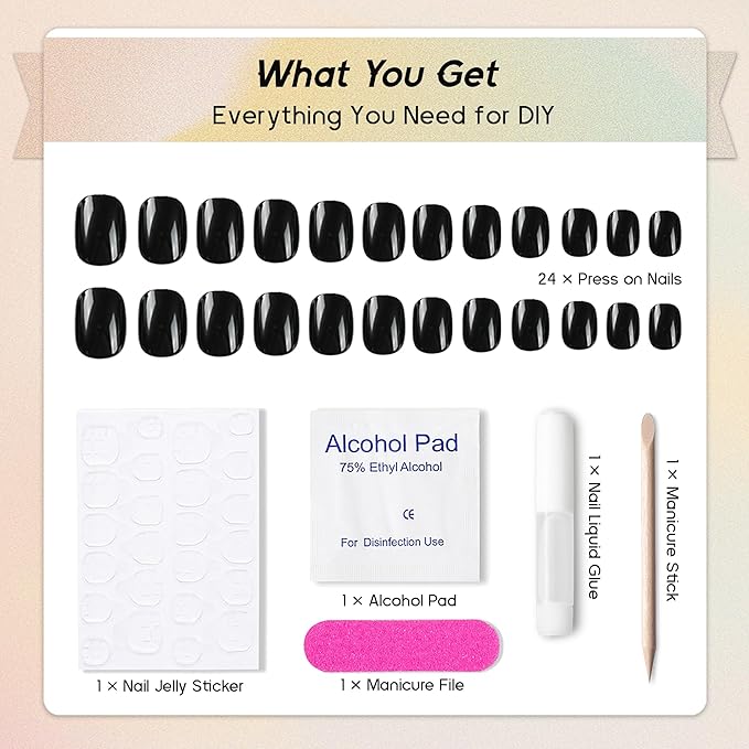 Press On Nails Squoval - Black Fake Nails Short Full Cover Acrylic Glue on Nails in 12 Sizes - 24 Piece Pure Color Nail Kit，Natural Fit for Women & Girls Daily Wear