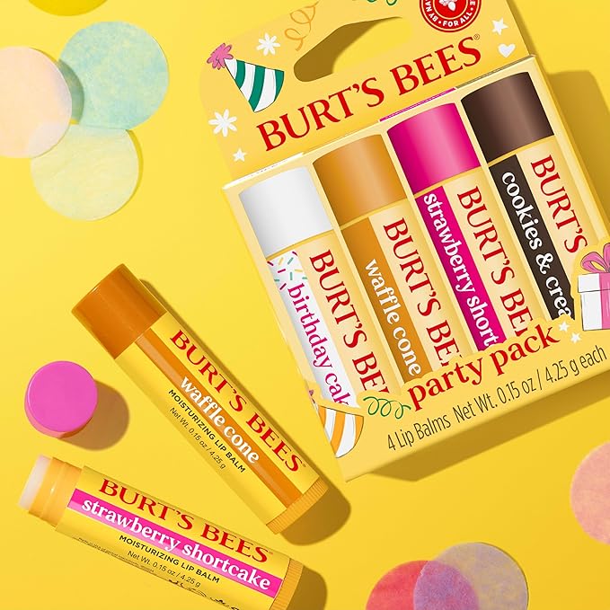 Burt's Bees Lip Balm Party Pack - Birthday Cake, Waffle Cone, Strawberry Shortcake, and Cookies & Cream, All Day Moisturizer, Tint-Free, Natural Origin Conditioning Lip Treatment, 4 Tubes, 0.15 oz.-VivaGrace Women