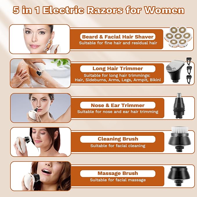 Electric Razors for Women, 7D Electric Shaver for Women, 5 in 1 Lady Shavers, Wet/Dry Bikini Trimmer, Rechargeable Facial Hair Removal, Painless Face Razor for Arms Legs Armpit Pubic Area-VivaGrace Women