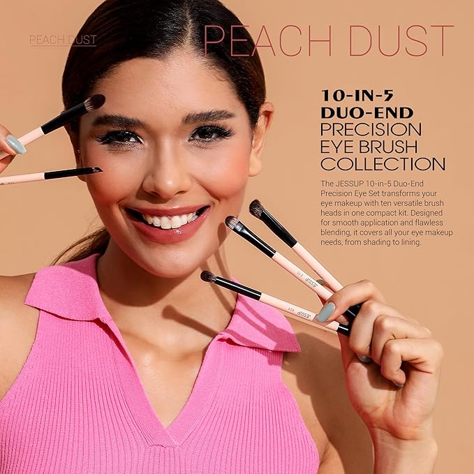Jessup Makeup Brushes 5pcs Double Ended Eyeshadow Brush Contour Blending Eyeliner Eye Shader Brush, Vegan Fiber Precision Eye Brush Set Peach Dust T509-VivaGrace Women