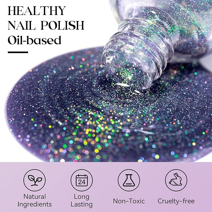 MIZHSE Quick Dry Nail Polish, Holographic Neon Purple Nail Polish Air Dry Fast, 15ml/0.5 fl oz Regular Sparkle Shimmery Oil-based Glitter Nail Lacquer Non Gel Full Coverage Nail Art Manicure Home