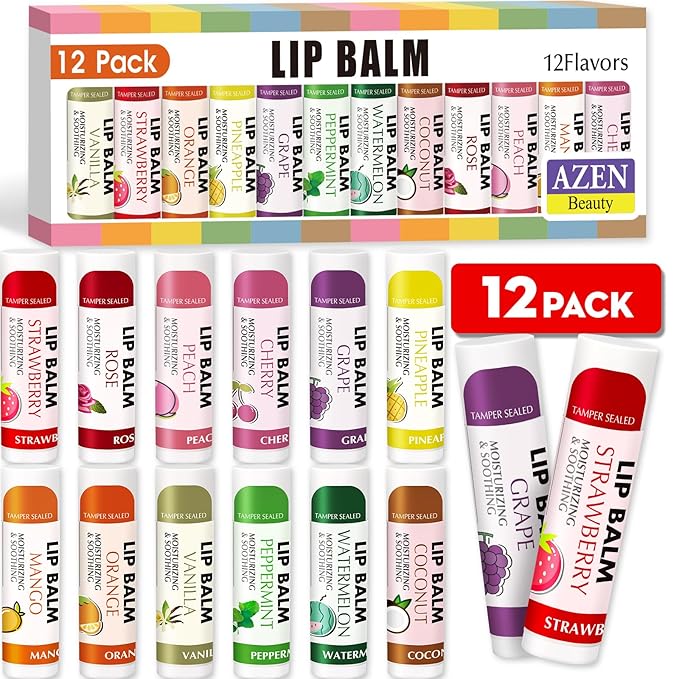 AZEN 12 Pack Lip Balm, Natural Lip Balm Bulk, Lip Care Product, Moisturizing Lip Balm for dry cracked lips - 12 Flavors-VivaGrace Women