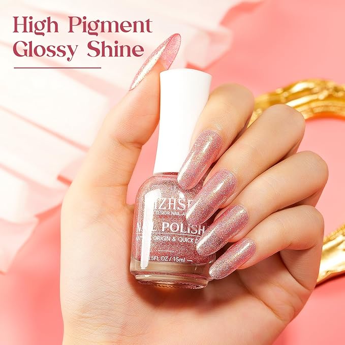 MIZHSE Quick Dry Nail Polish, Glitter Pink Nail Polish Non Gel Air Drying Fast, 15 ml Regular Sparkle Shimmery Oil-based Glitter Nail Lacquer Full Coverage Nail Art Manicure DIY Home