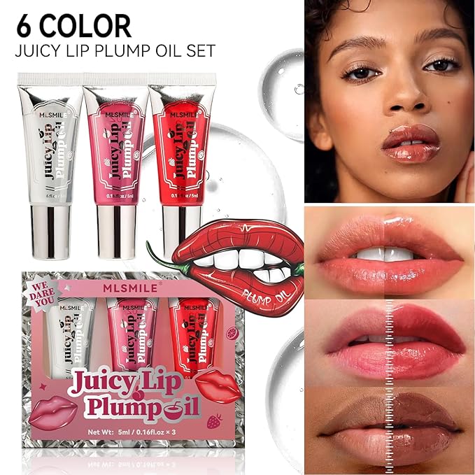 Lip Plumper Gloss 3 Colors Set, Spicy Natural Roll On Lip Plumping Oil and Pout Lip Plumper, Lifter Gloss, Enhancer for Fuller Booster Balm Moisturizing Hydrating & Nourishing Lip Glaze(A)-VivaGrace Women