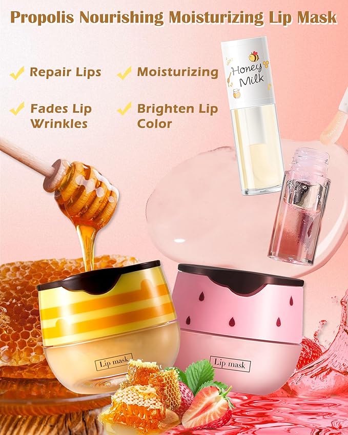 2Pcs Bee Lip Balm Honey Pot Lip Mask & Lip Glowy Oil Lip Care Set, Propolis Moisturize & Nourish Lip Gloss Repair Treatment, Reduce Lip Line & Protect & Plump Dry Cracked Lip Scrub Exfoliator -Set A-VivaGrace Women